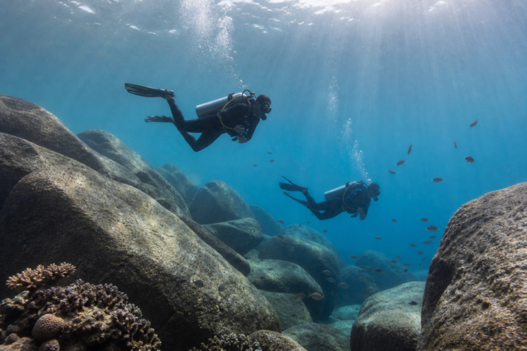 Deux plongeurs évoluant entre des blocs de granit dans les eaux claires des Seychelles