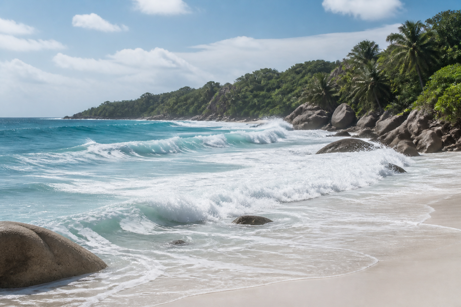 Houle déferlant sur Grand Anse, plage exposée de la côte est de La Digue