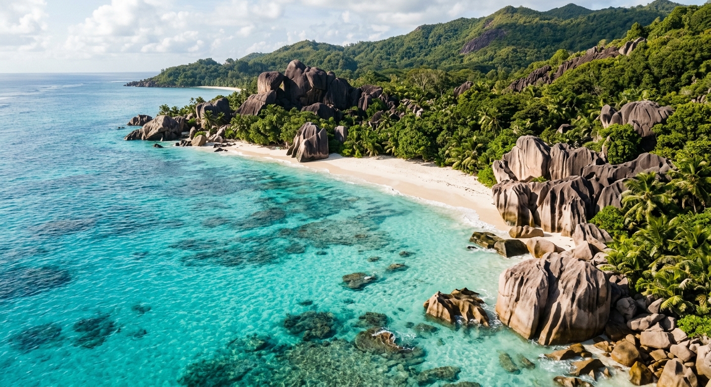 Plage et côte rocheuse de granit de l'île de Mahé vue d'en haut