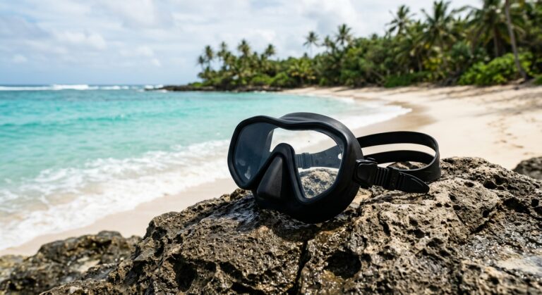 Masque de snorkeling posé sur un rocher au bord d'une plage aux Seychelles