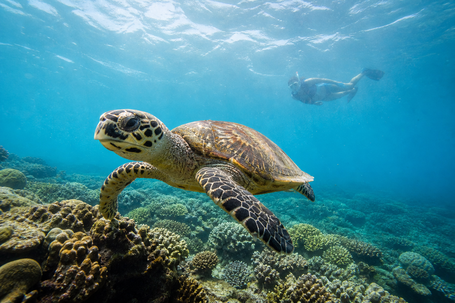 Tortue marine observée à distance dans les eaux des Seychelles