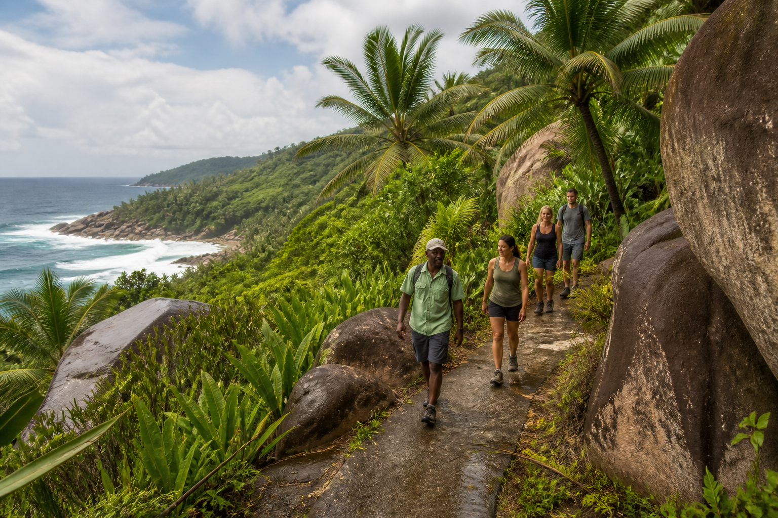 Voyageurs sur un chemin sécurisé face à la côte des Seychelles