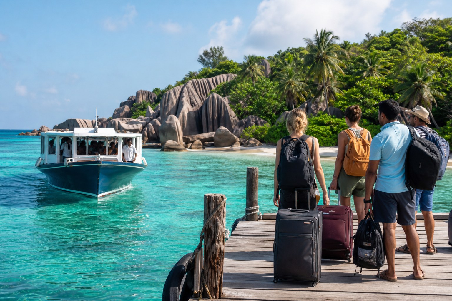Voyageurs attendant un bateau pour un transfert entre îles aux Seychelles