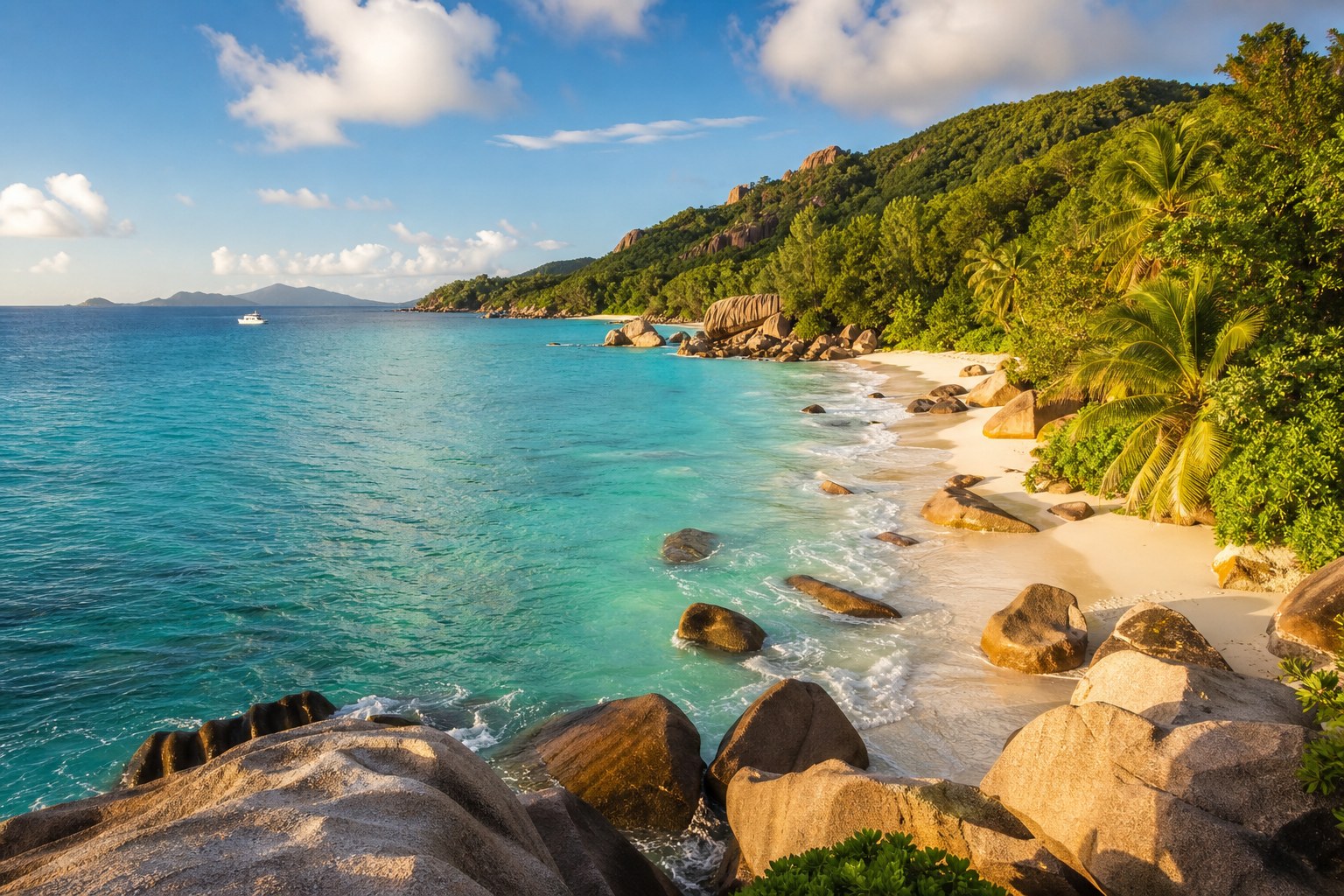 Plage granitique et lagon turquoise pour comparer les îles des Seychelles