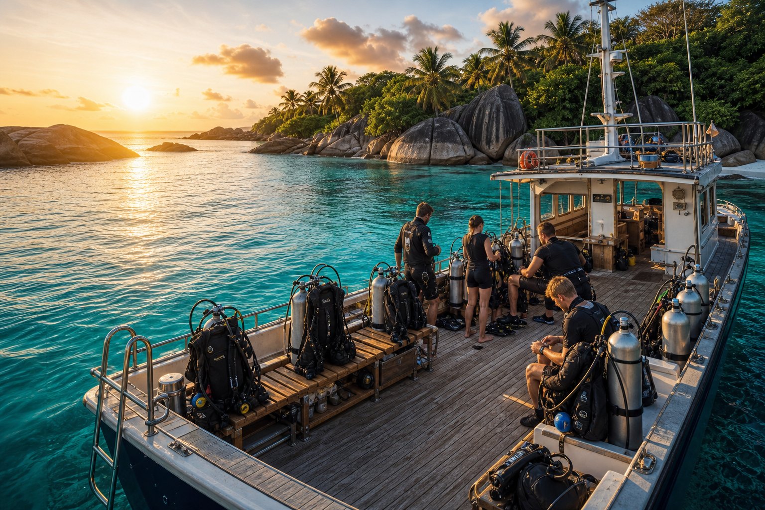 Bateau de plongée au mouillage dans une baie turquoise des Seychelles