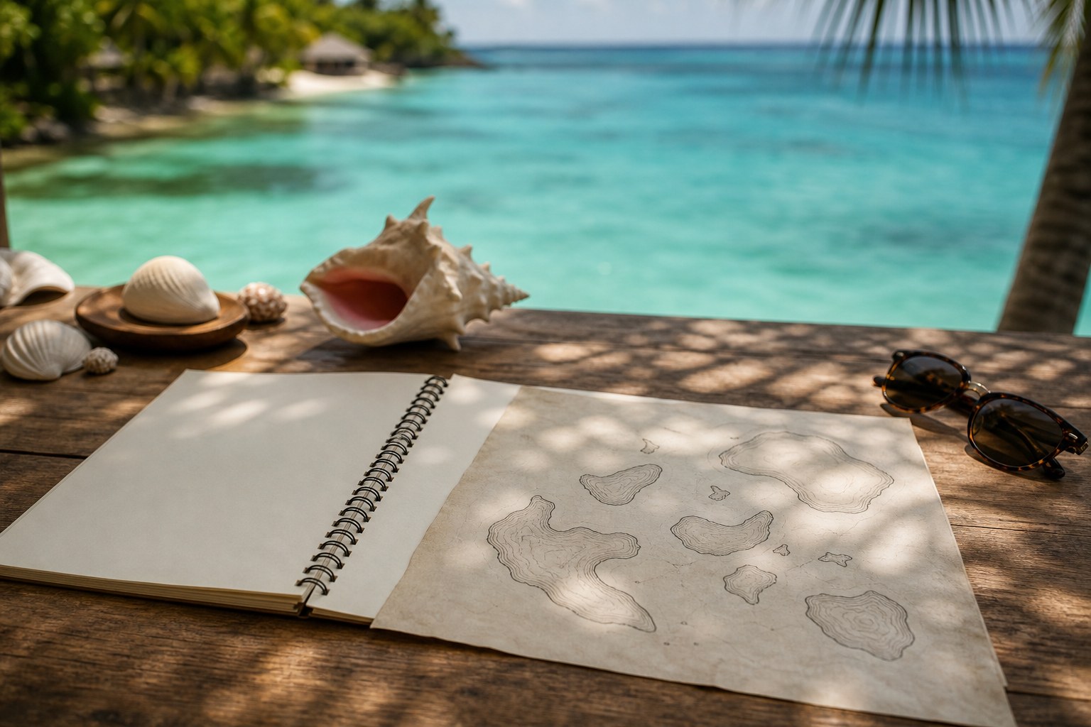 Carnet et carte sans texte pour préparer une destination tropicale mer