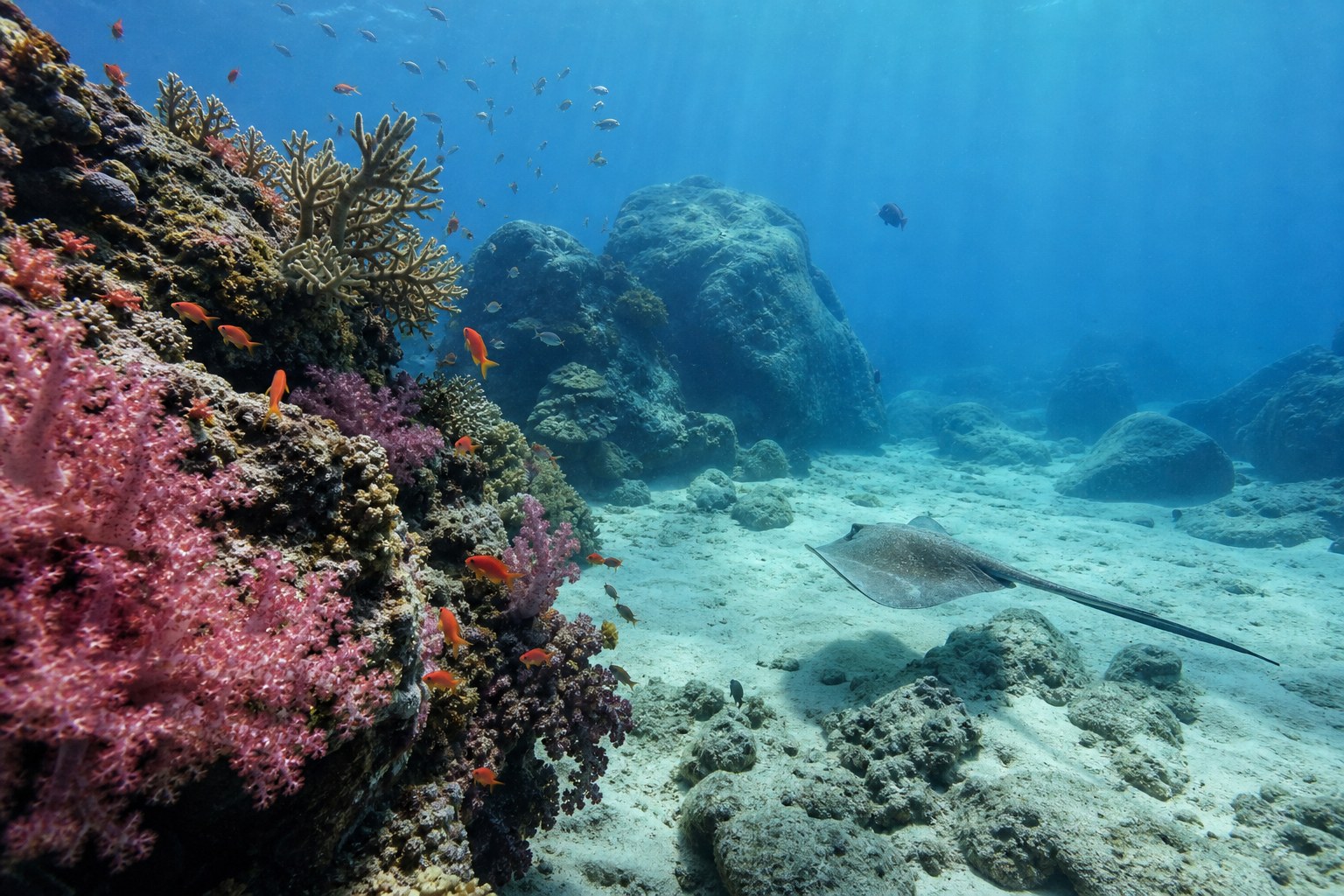 Raie et poissons tropicaux au-dessus d’un récif des Seychelles