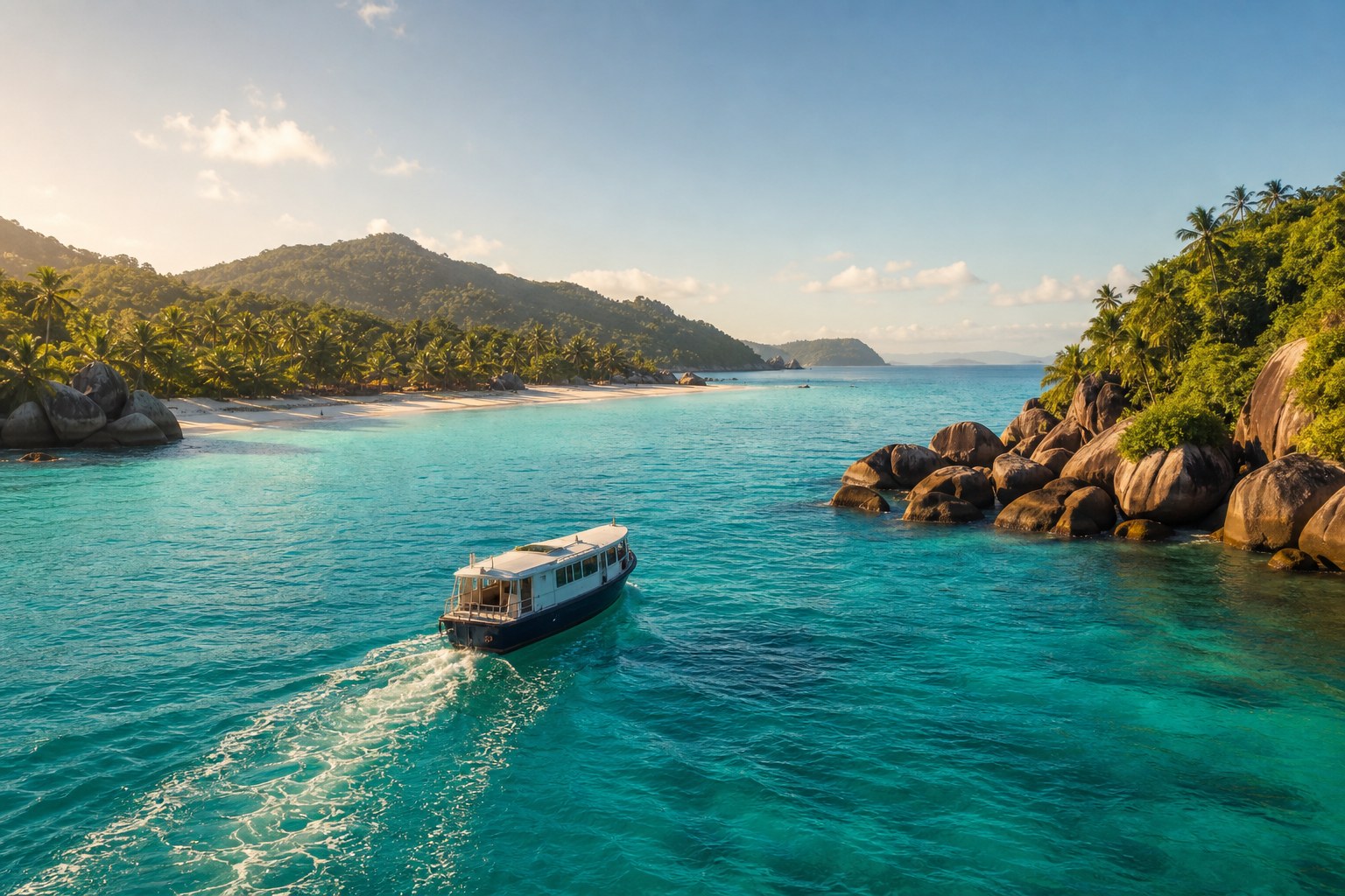 Bateau entre îles dans un lagon turquoise des Seychelles