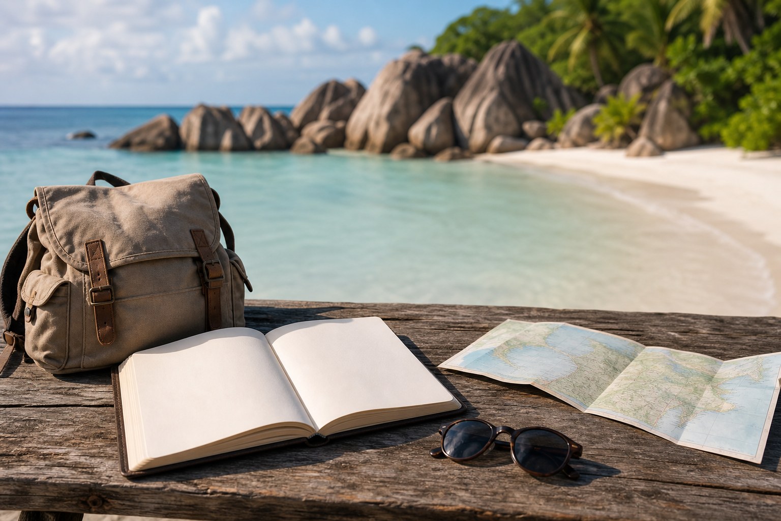 Carnet de voyage et carte pour préparer un itinéraire aux Seychelles