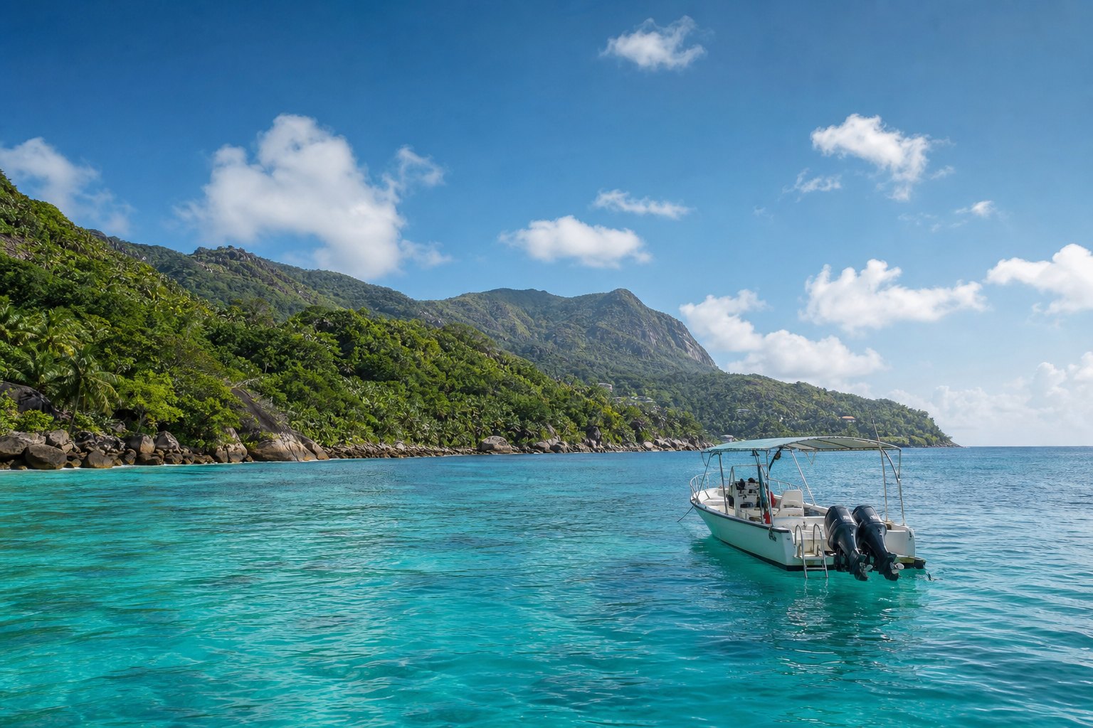 Bateau de plongée sur une eau turquoise au pied des collines de Mahé