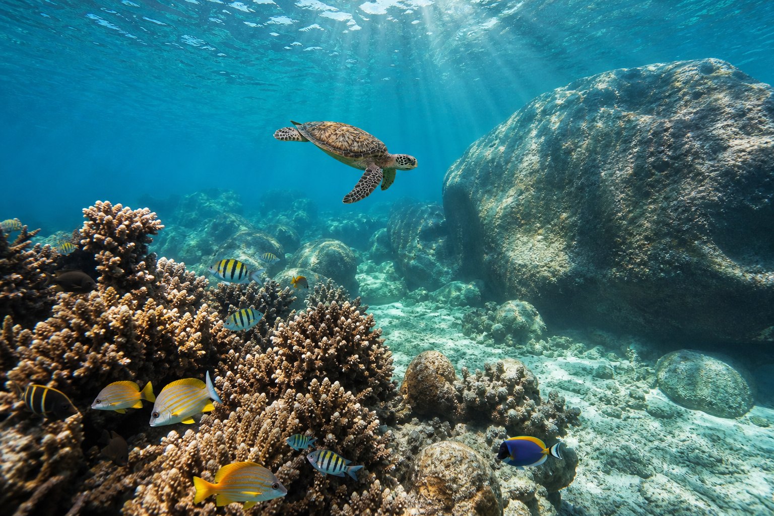 Tortue nageant au-dessus de récifs granitiques dans les eaux claires de Praslin