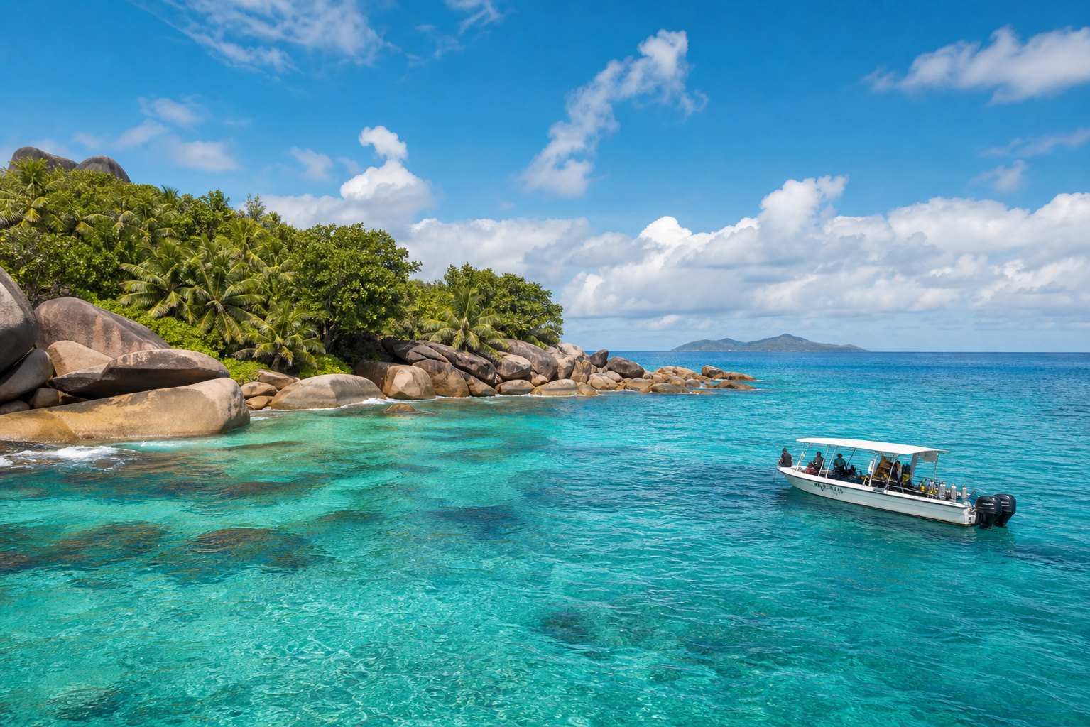 Bateau de plongée près d’un îlot granitique dans les eaux turquoise de Praslin
