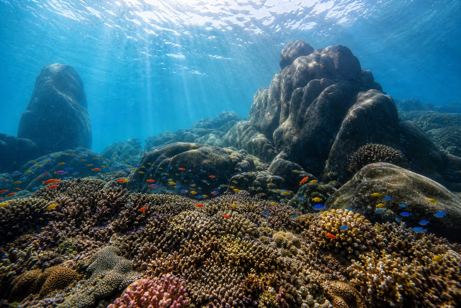 Récif corallien tropical avec poissons colorés dans une eau claire aux Seychelles