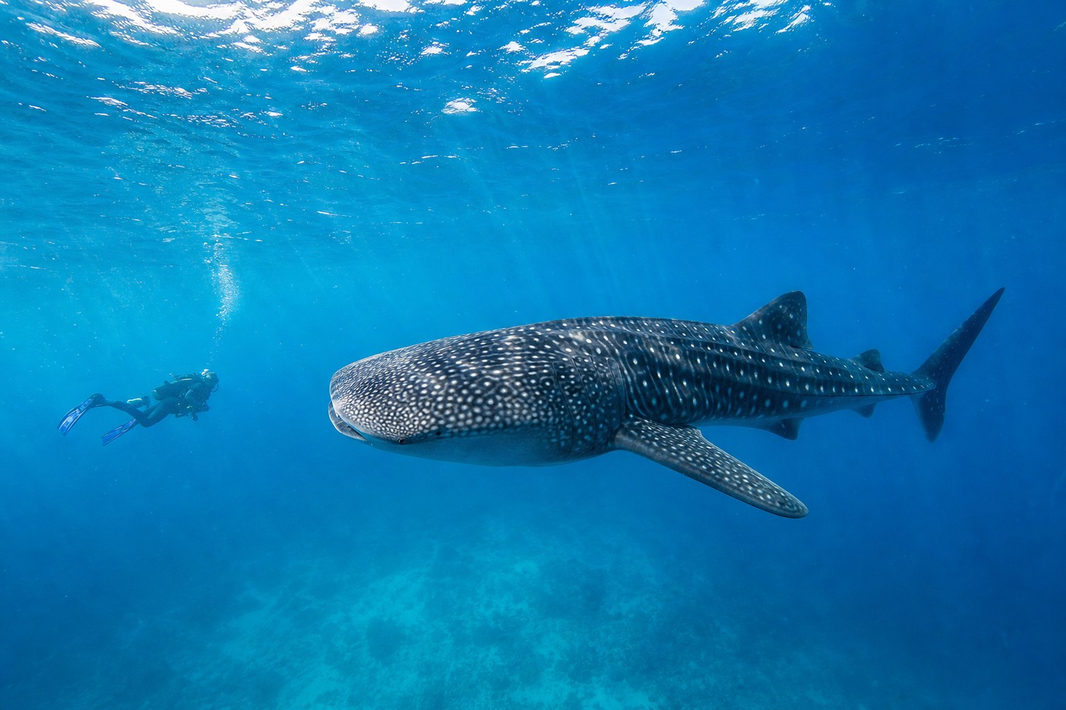 Requin-baleine observé à distance dans les eaux bleues des Seychelles