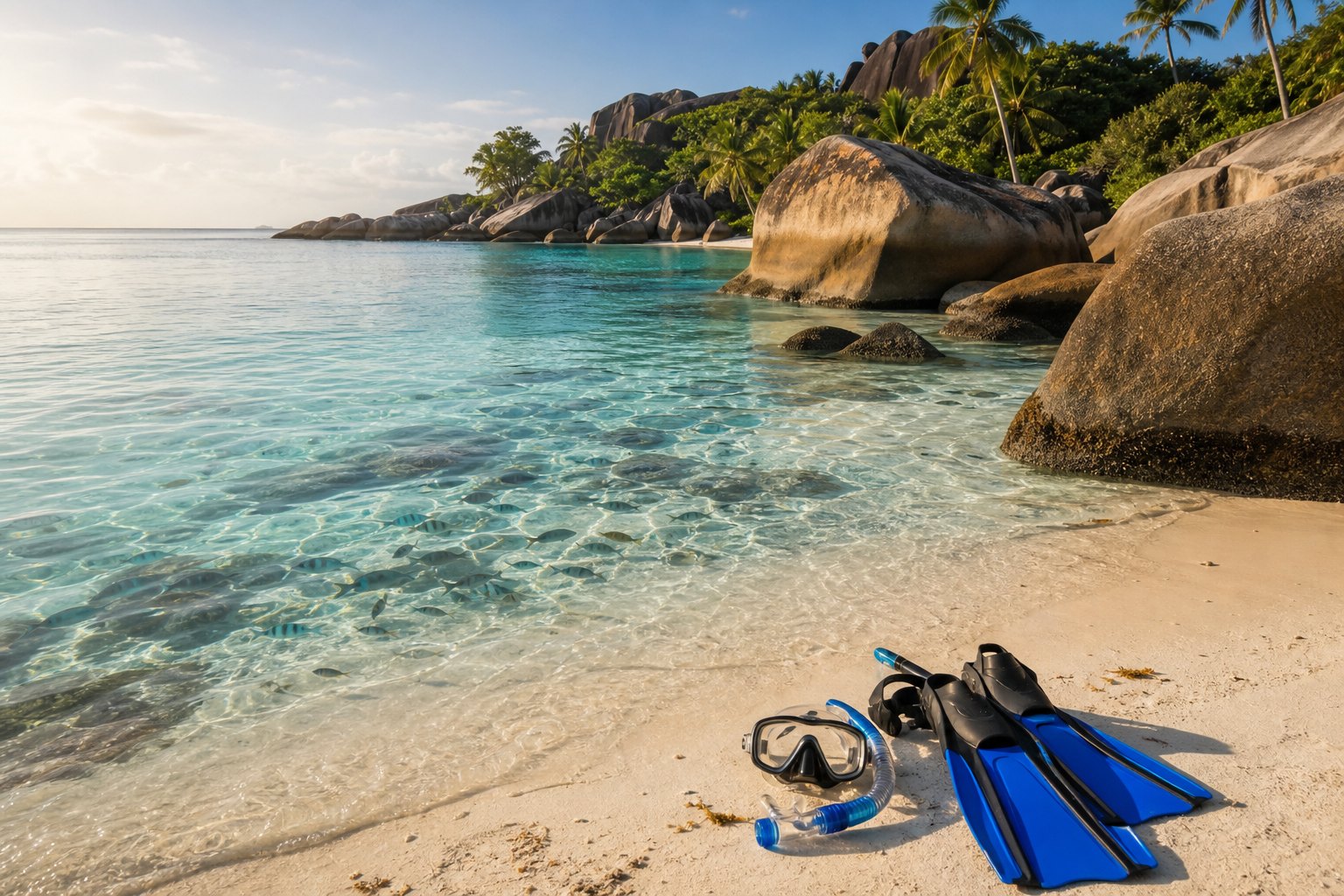 Masque et palmes sur une plage de snorkeling aux eaux turquoise des Seychelles