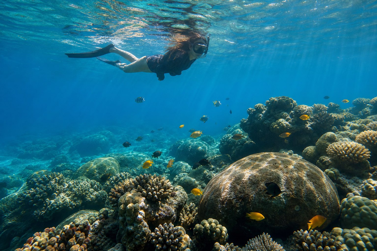 Snorkeler au-dessus d’un récif peu profond avec poissons tropicaux