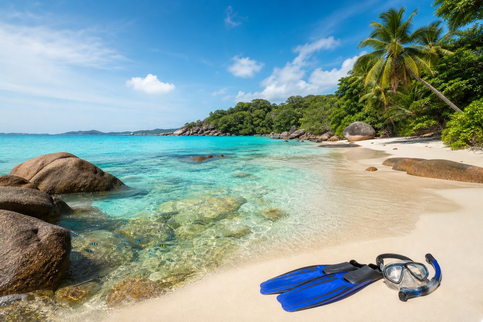 Masque et palmes sur une plage de Praslin aux eaux turquoise