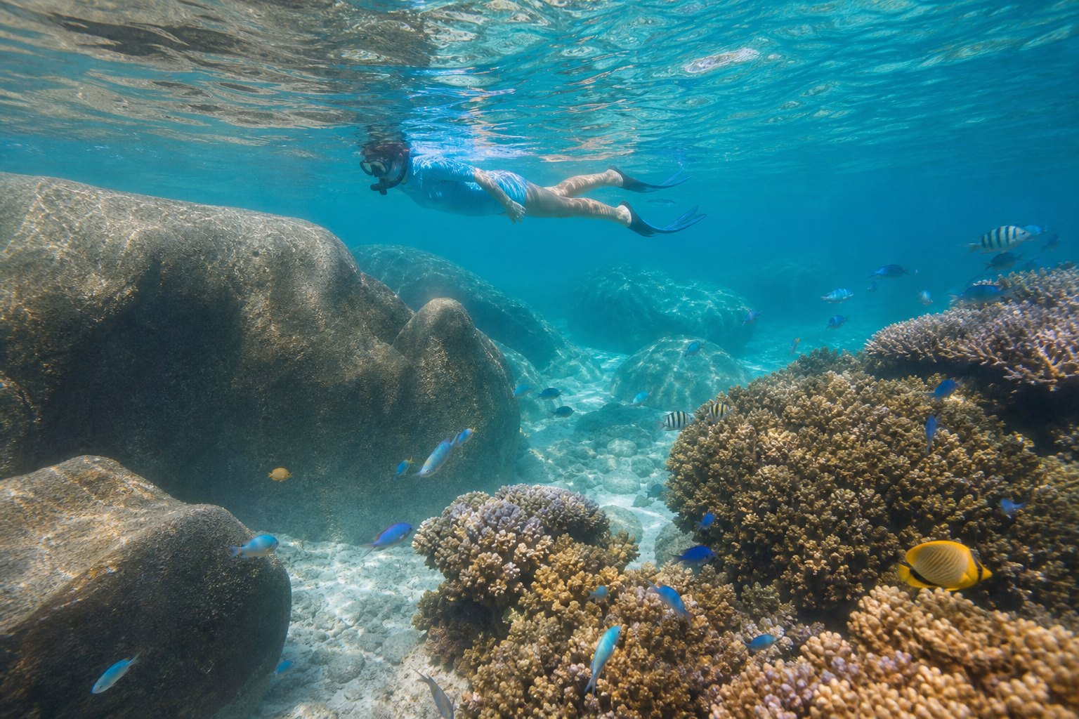 Snorkeler près de rochers granitiques et poissons tropicaux à Praslin