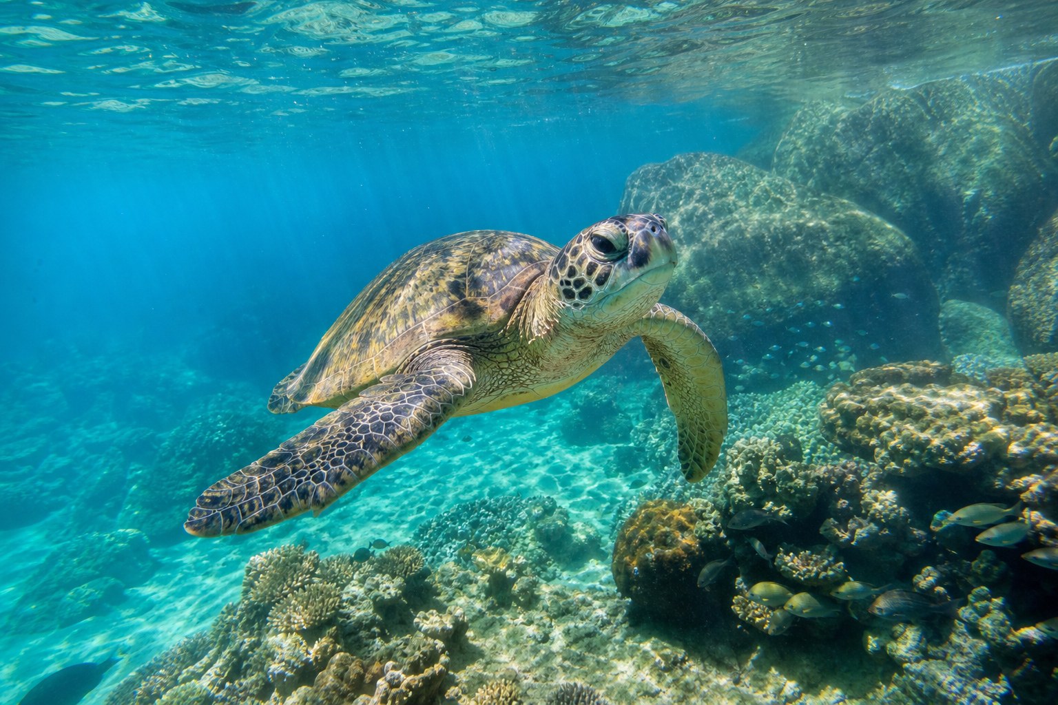 Tortue marine nageant au-dessus d’un récif peu profond aux Seychelles
