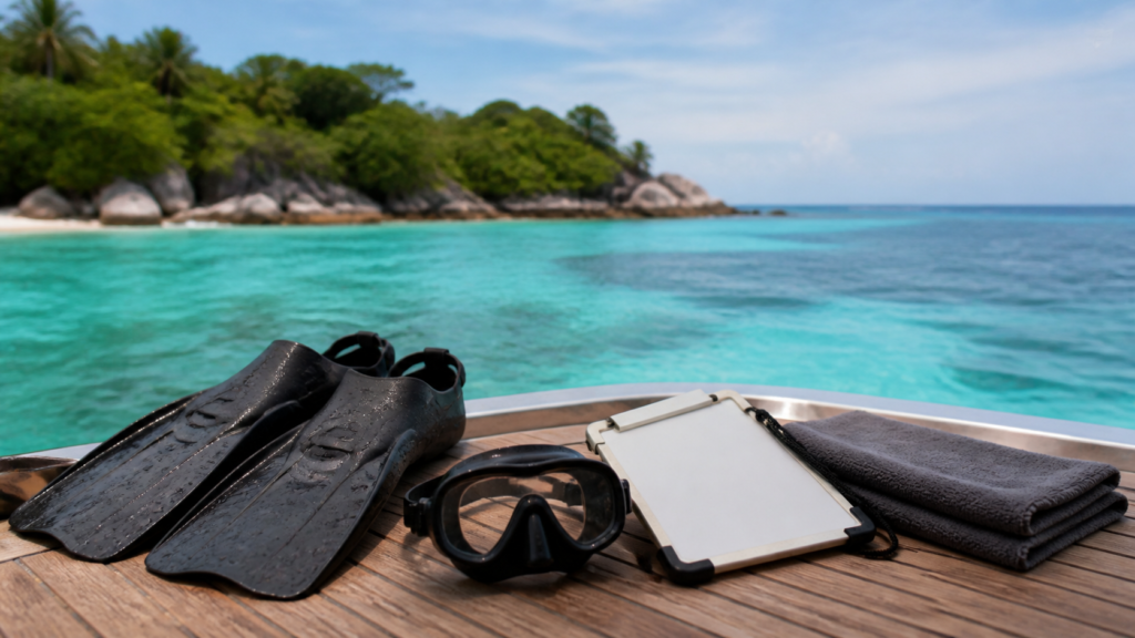 Équipement de plongée préparé sur un bateau aux Seychelles