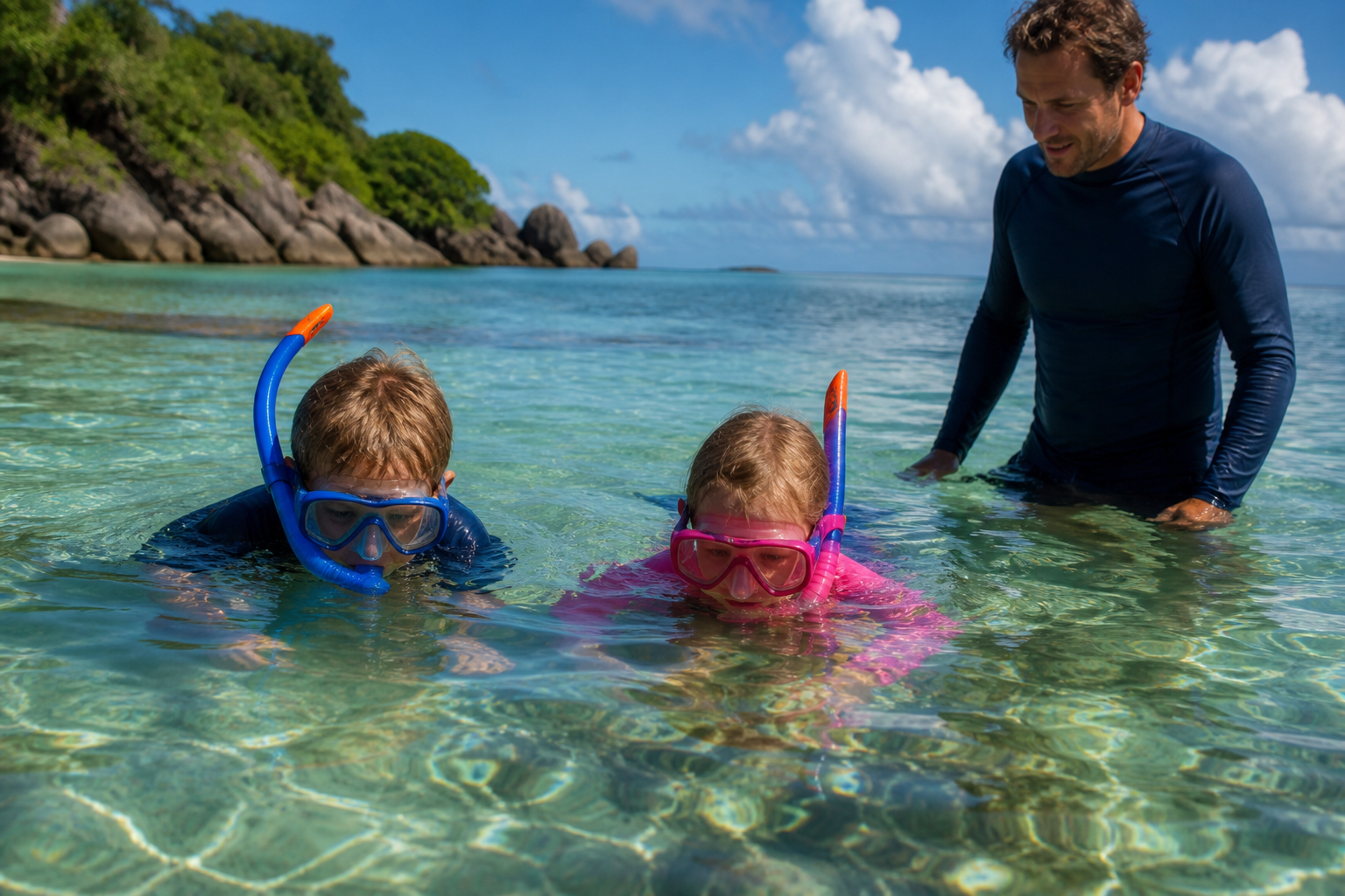 Enfants en masque et tuba dans une baie abritée peu profonde aux Seychelles, eau translucide, adulte à proximité.