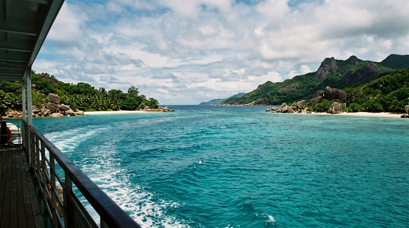 Vue depuis un ferry naviguant entre deux îles aux Seychelles, avec eau turquoise et rochers de granit