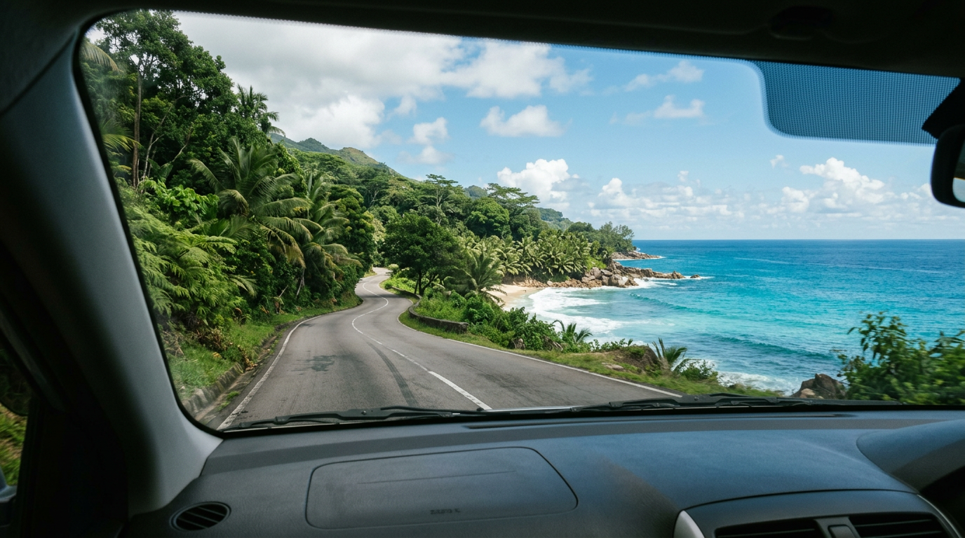 Route côtière sinueuse des Seychelles bordée de végétation tropicale, mer turquoise visible