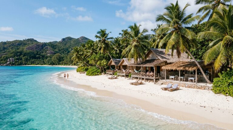 Plage des Seychelles bordée de cocotiers avec un hébergement simple en retrait