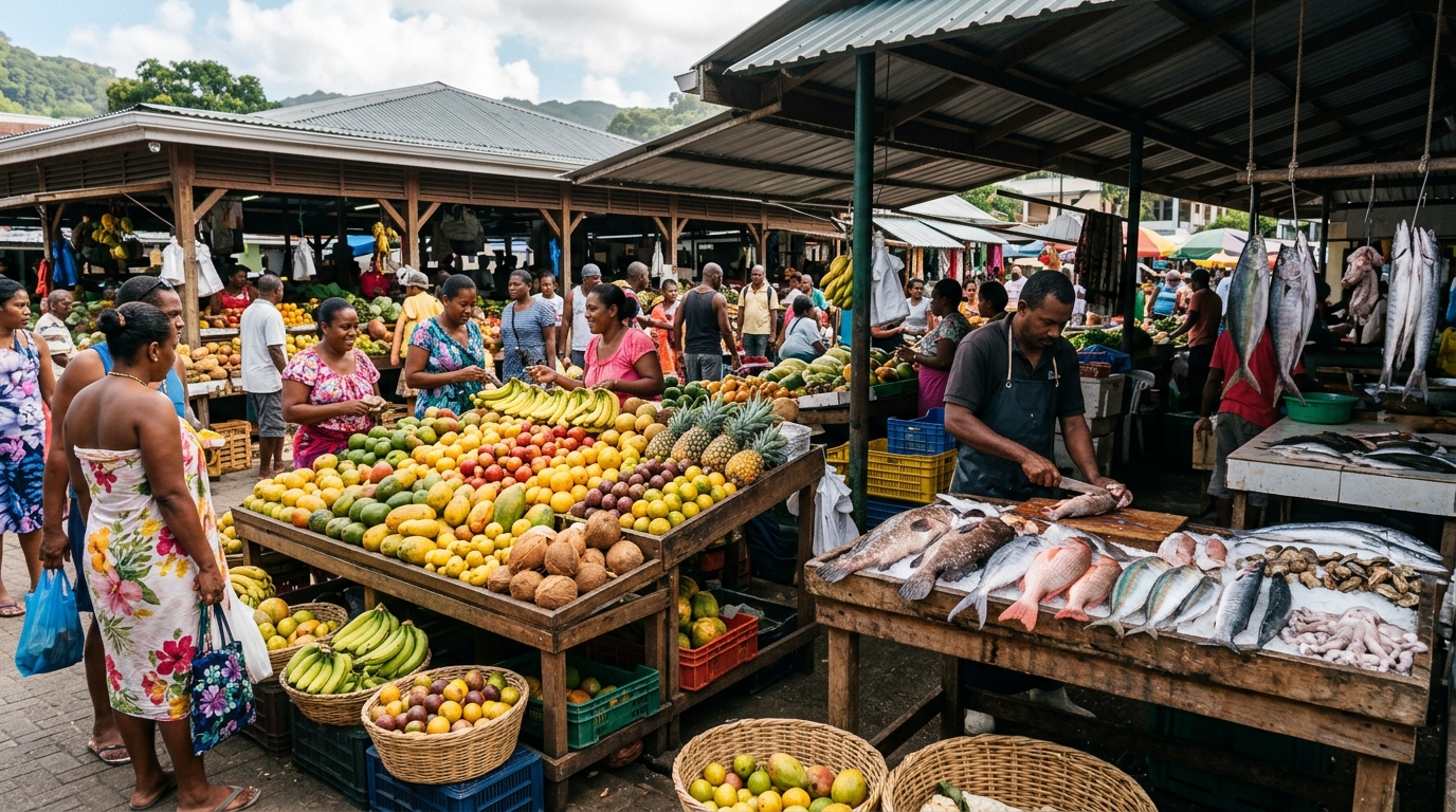 Étals de fruits tropicaux et de poisson sur un marché local aux Seychelles