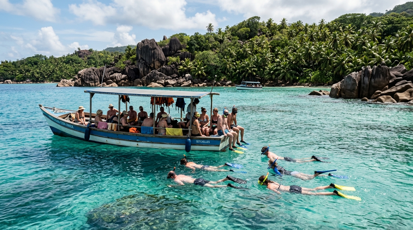 Excursion en bateau dans une baie des Seychelles pour observer la faune marine en surface