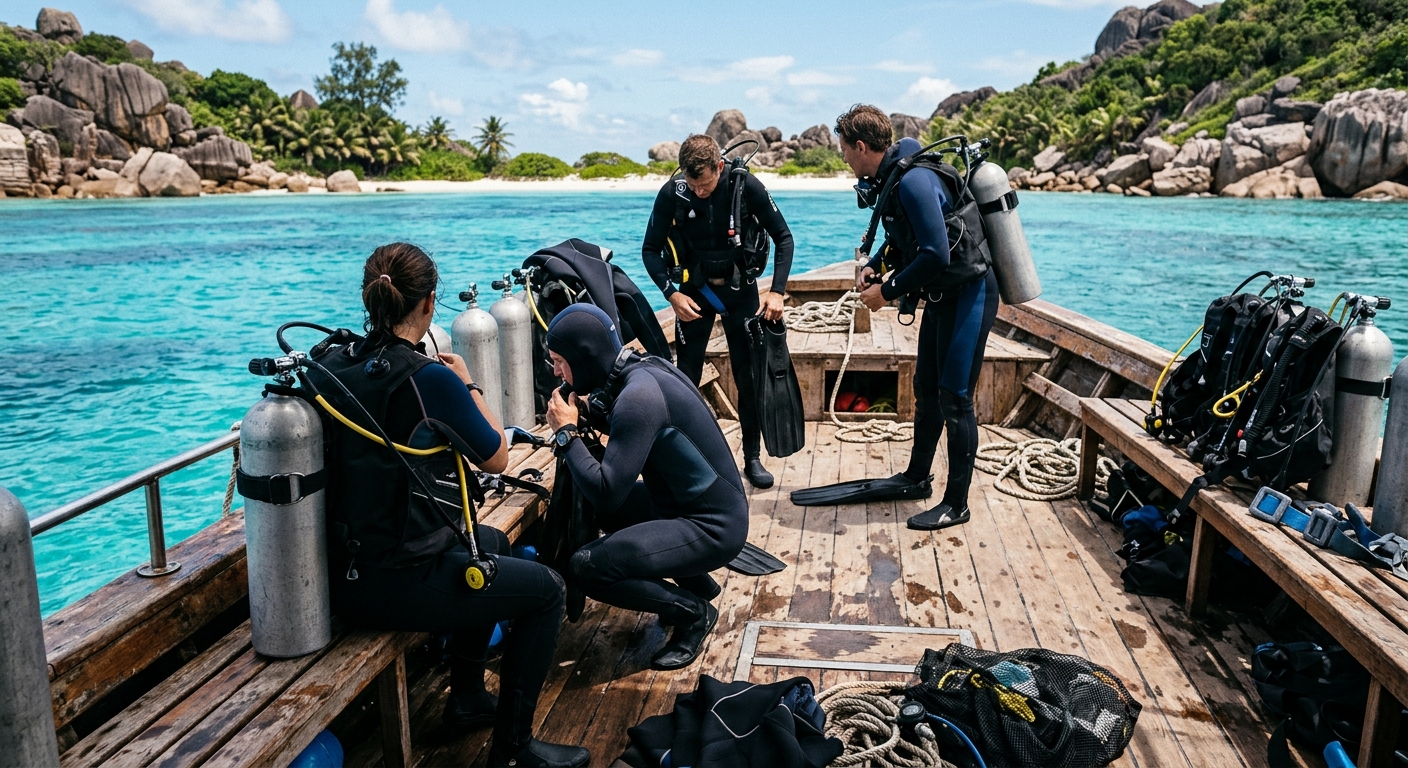 Plongeurs équipés se préparant sur un bateau de plongée aux Seychelles