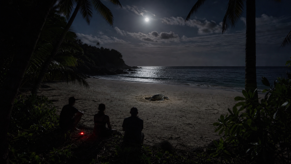 Trois adultes observant à grande distance une tortue en nidification sur une plage des Seychelles