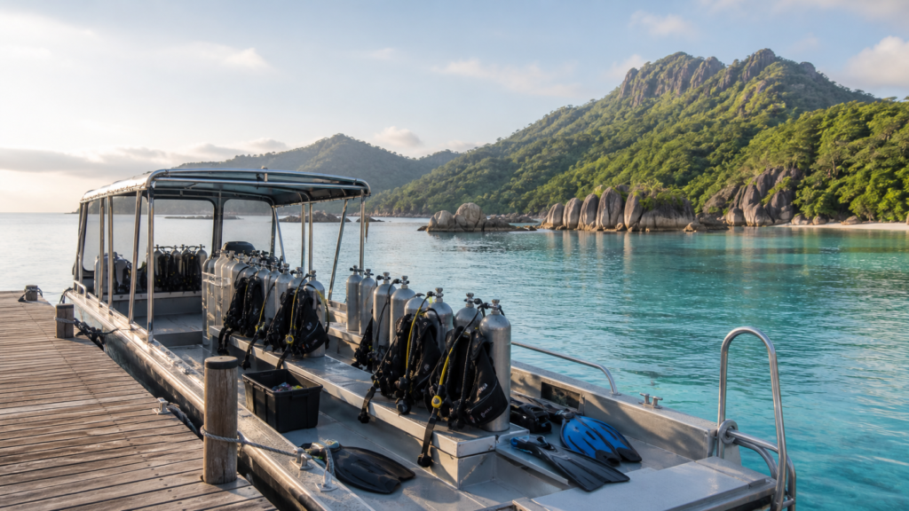 Ponton d'embarquement et bateau à moteur de plongée à l'arrêt dans une mer calme, matériel rangé à bord, île en arrière-plan