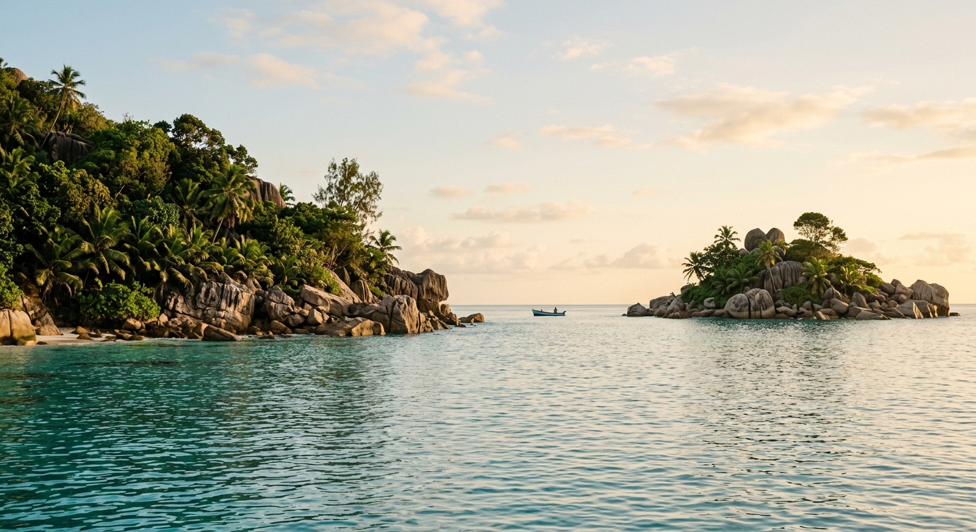 Îlots des Seychelles vus depuis l'eau avec un petit bateau, mer calme et rochers de granit