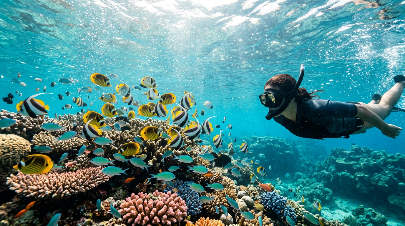 Snorkeleur observant des poissons tropicaux dans une eau claire à Praslin, aux Seychelles