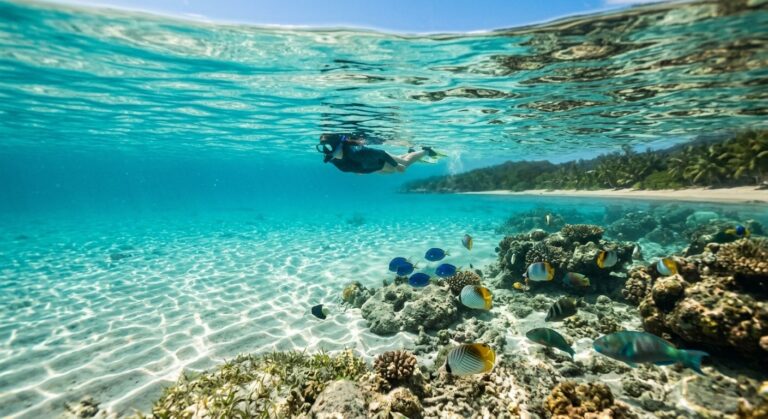 Vue sous-marine d'un snorkeling paisible aux Seychelles avec poissons tropicaux
