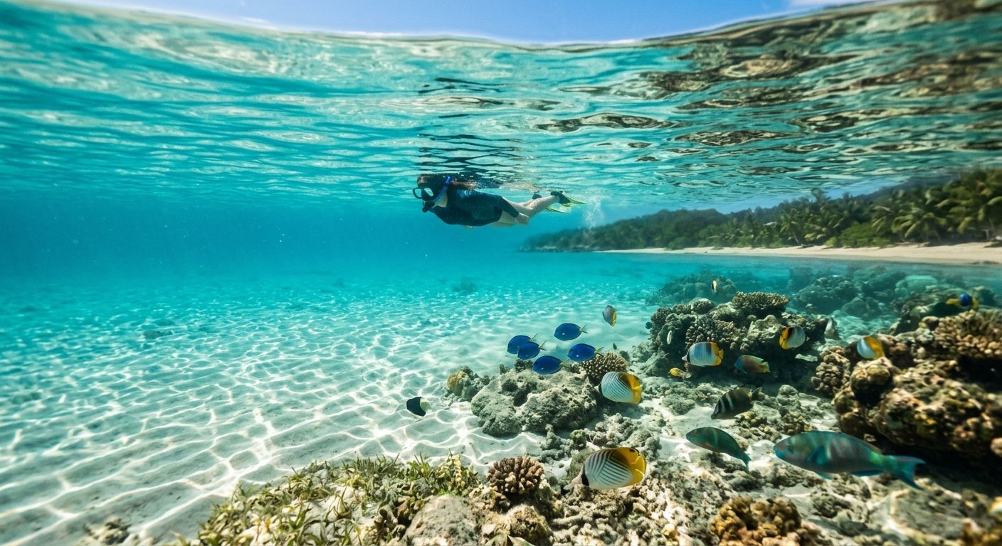 Baie calme et peu profonde aux Seychelles, eau turquoise claire, aperçu de poissons sous la surface