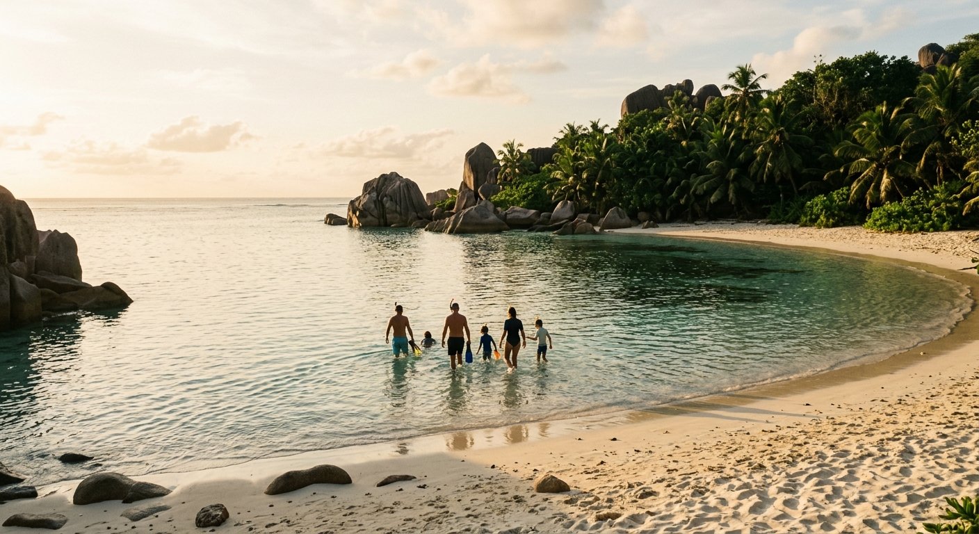 Groupe avec des enfants entrant prudemment dans une eau calme pour faire du snorkeling