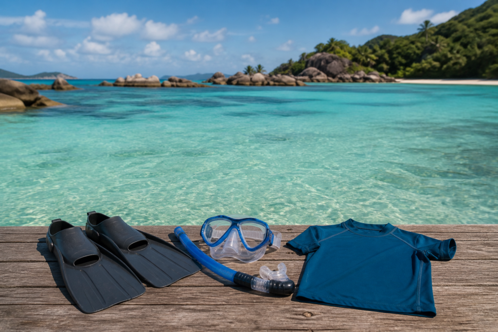Masque, tuba et palmes posés sur un ponton en bois face à une baie des Seychelles