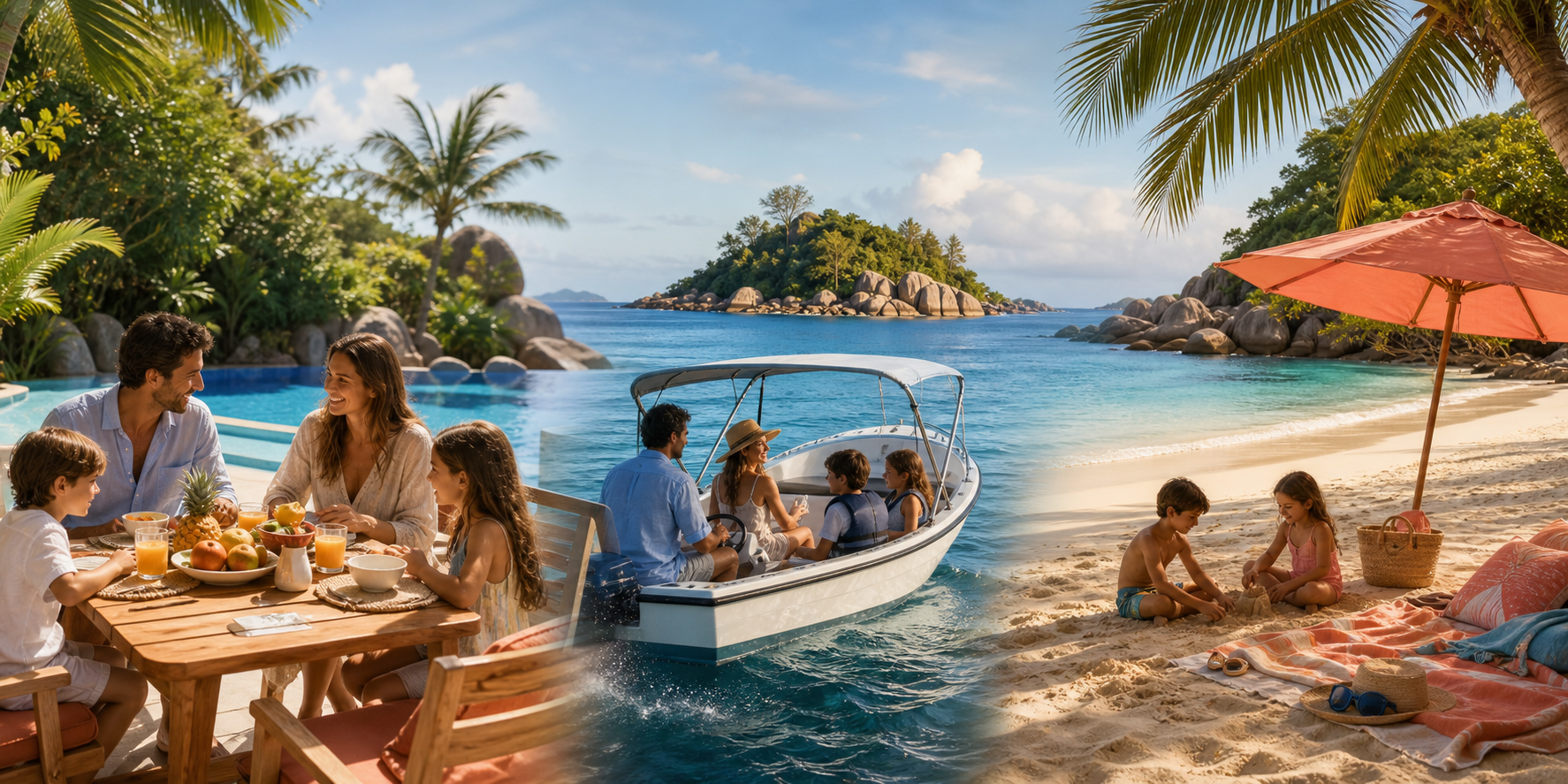 Frise illustrée d'une journée type en famille aux Seychelles : matinée en bateau, après-midi calme à la plage.