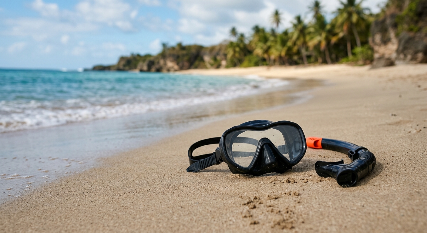 Masque de snorkeling classique et tuba posés sur le sable