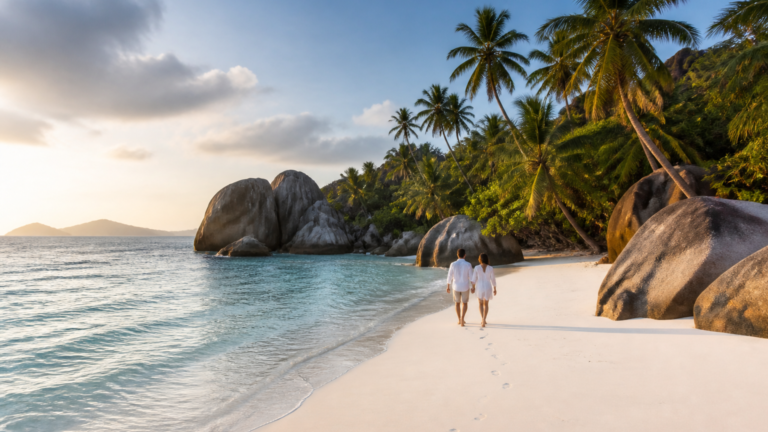 Couple marchant au loin sur une plage de sable blanc bordée de granit et d'eau turquoise aux Seychelles, au petit matin.