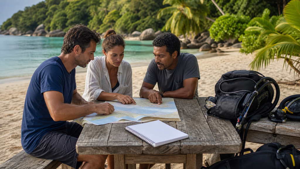 Deux voyageurs et un moniteur préparent leurs sorties de plongée sur une plage seychelloise