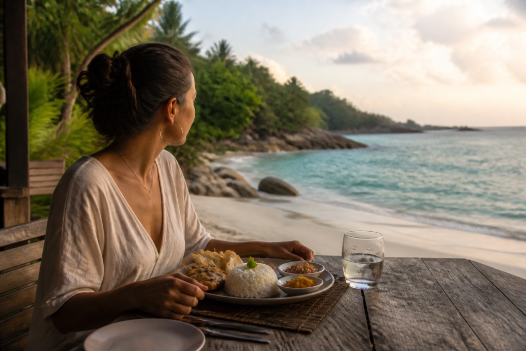Personne attablée devant un plat local dans un restaurant de plage aux Seychelles, avec vue sur la mer turquoise en arrière-plan