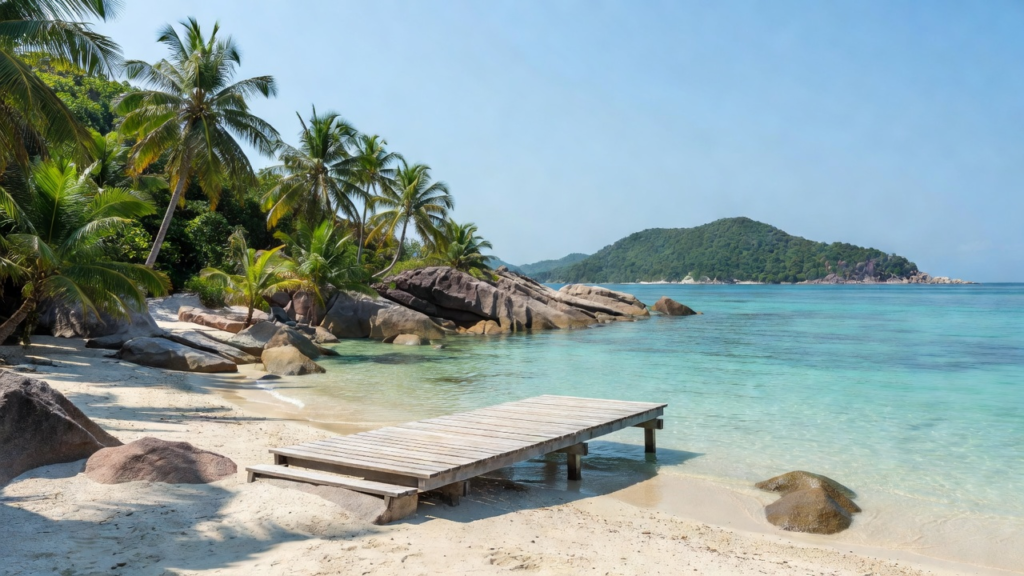Ponton de bois vide sur une plage granitique des Seychelles, face à une île voisine sur mer calme
