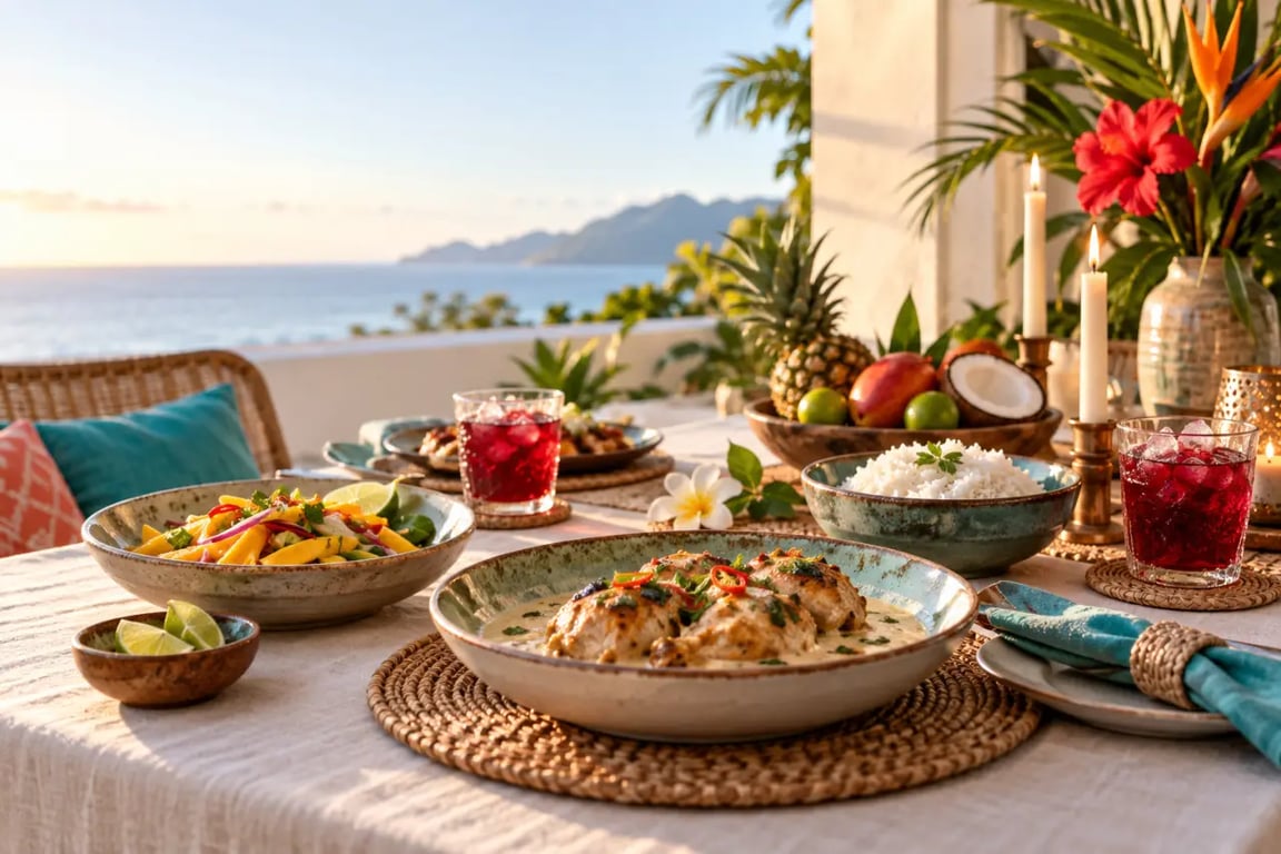 Dîner aux saveurs créoles chez soi après les Seychelles, table décorée de fruits tropicaux et de plats au lait de coco