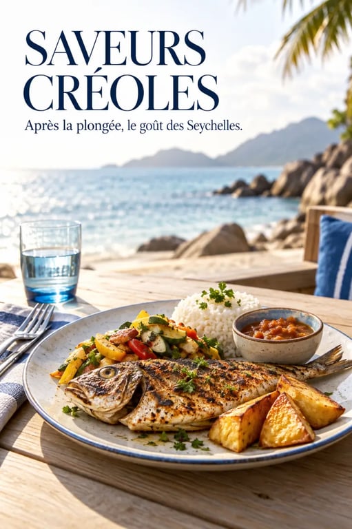 Déguster la cuisine créole après une journée de plongée aux Seychelles avec poisson grillé et fruit à pain