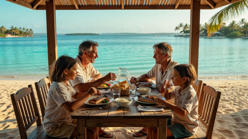 Repas simple servi en bord de lagon à l'île Maurice, en fin d'après-midi