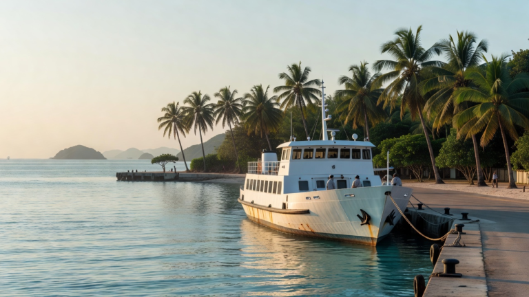 Port matinal aux Seychelles avec ferry à quai et baie abritée sous lumière douce