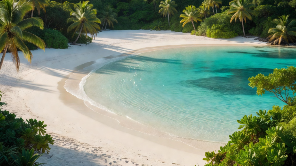 Baie abritée à Praslin avec eau claire et plage calme bordée de végétation